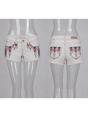 Grace In LA Womens White Embroidered Sequin Denim Shorts frayed  Hem Size 27